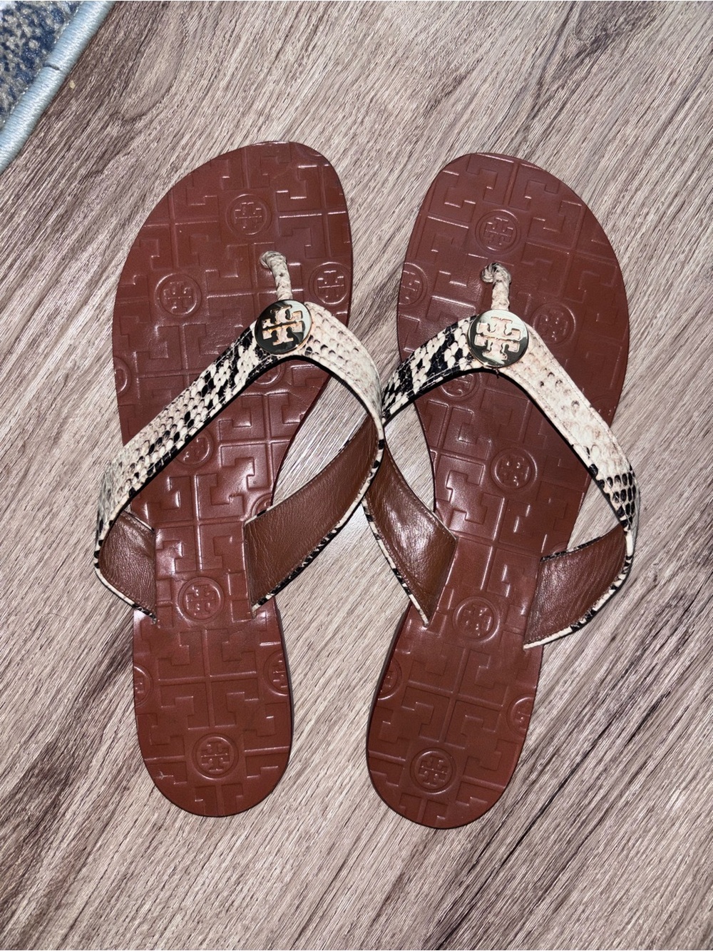 Tory Burch Brown Footbed Snake-Print Strap Flip Flops